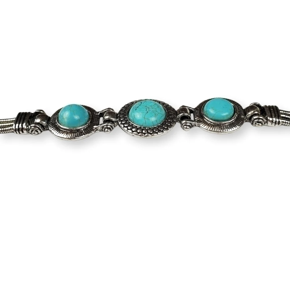 Faux Turquoise Cabochon Bracelet Snake Chain Antiqued Silver Tone Western 7